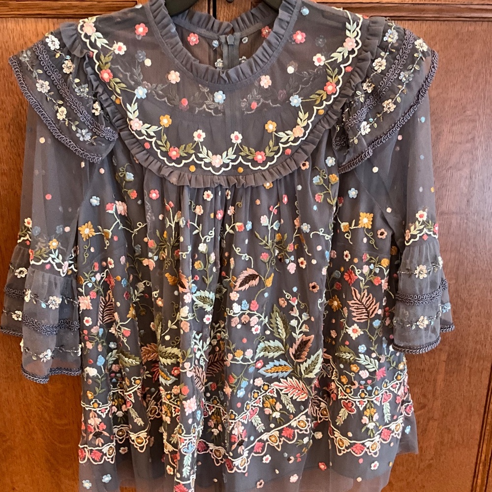 Needle & Thread Grey Embroidered Floral Ruffle Blouse